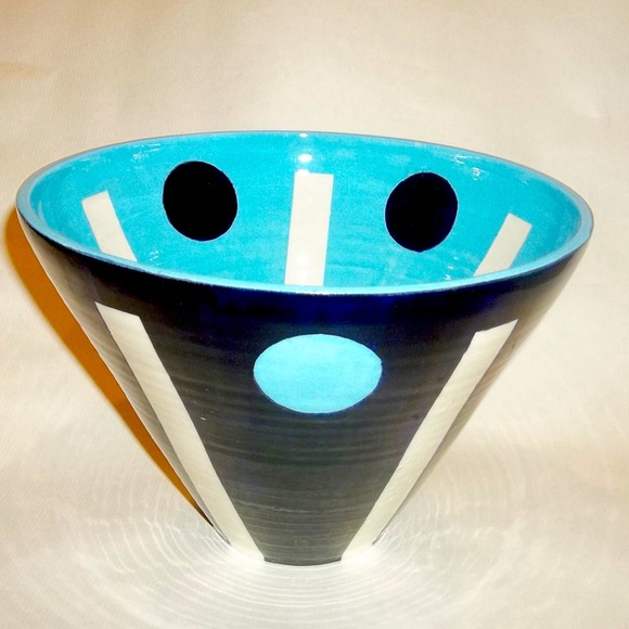 VINTAGE Mid-Century Modern Bowl Aqua Blue White Black “A” Artist - Picture 2 of 10